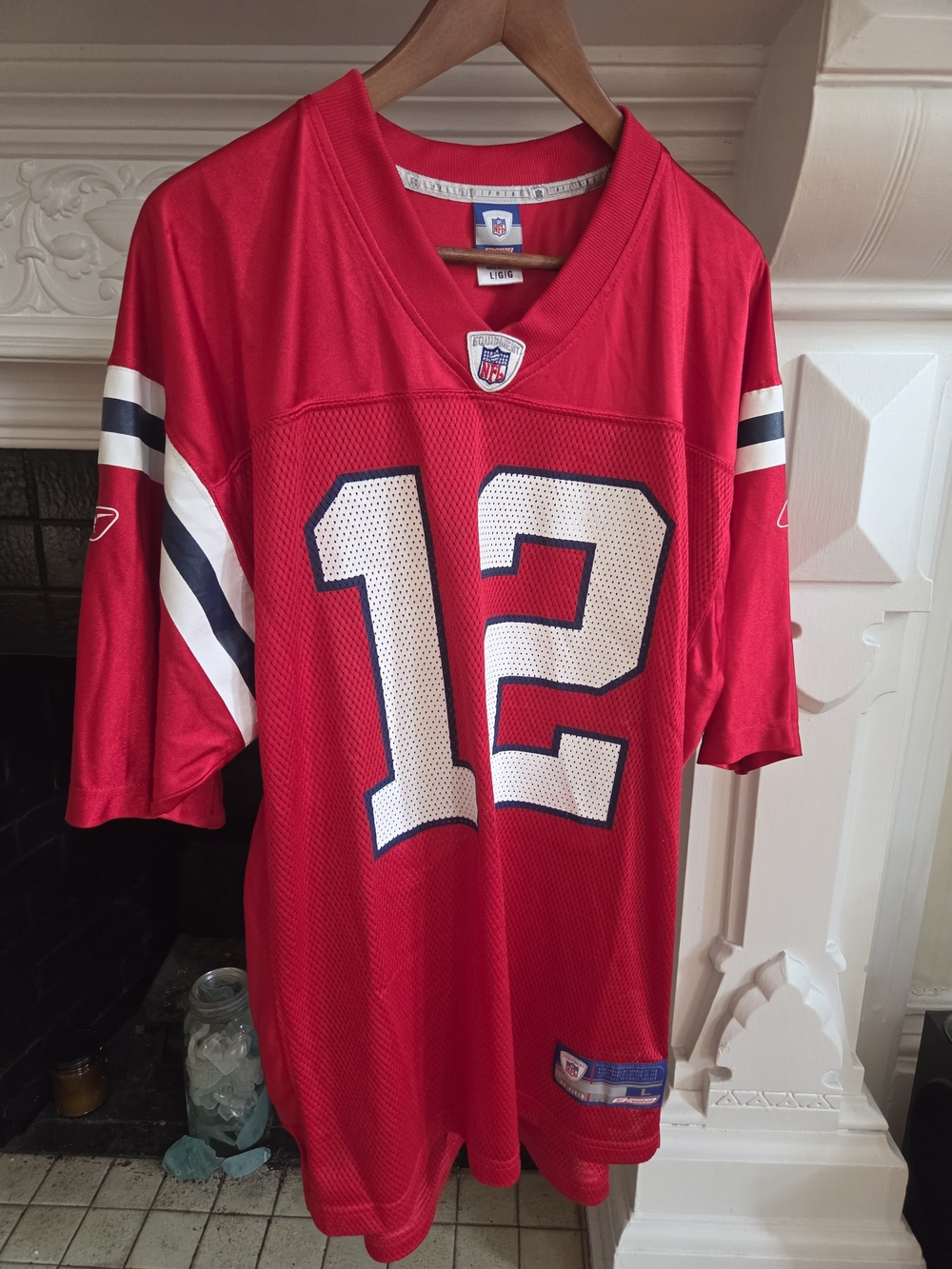 Vtg NE Patriots Tom Brady #12 Reebok ON FIELD jersey - LG. Red